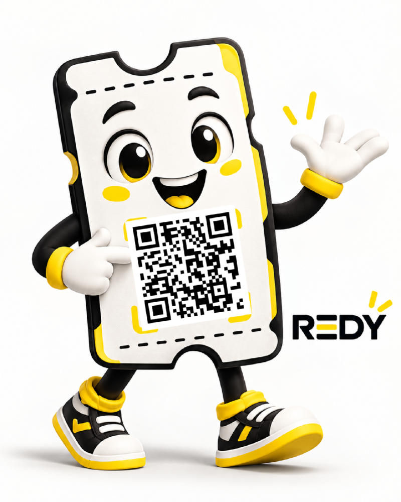 Redy, la mascota de REDYSI: un boleto sonriente que señala un código QR